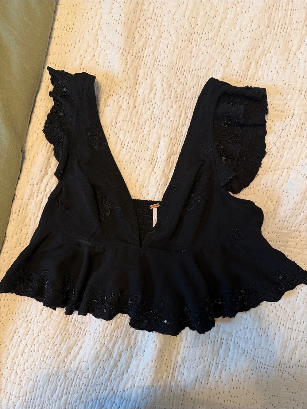 Black Ruffled Eyelet Peplum Crop Top